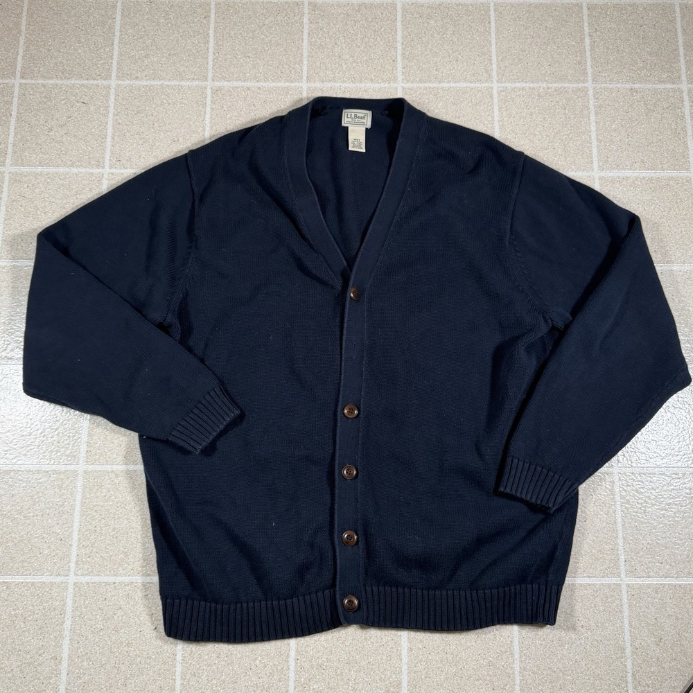 L.L. Bean Sweater Mens XXLT Blue Cotton V Neck Button Cardigan Knit Long Sleeve
